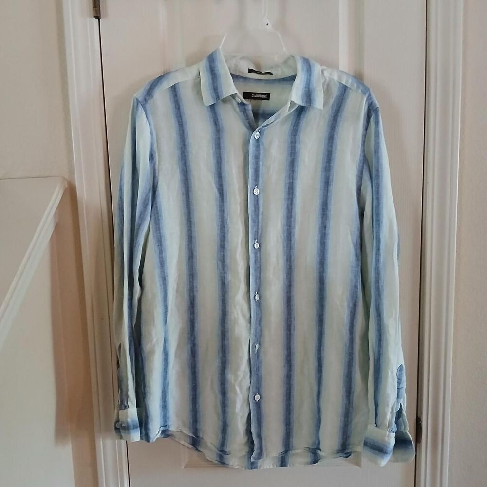 Claiborne blue green white striped 100% linen button up shirt men's size L